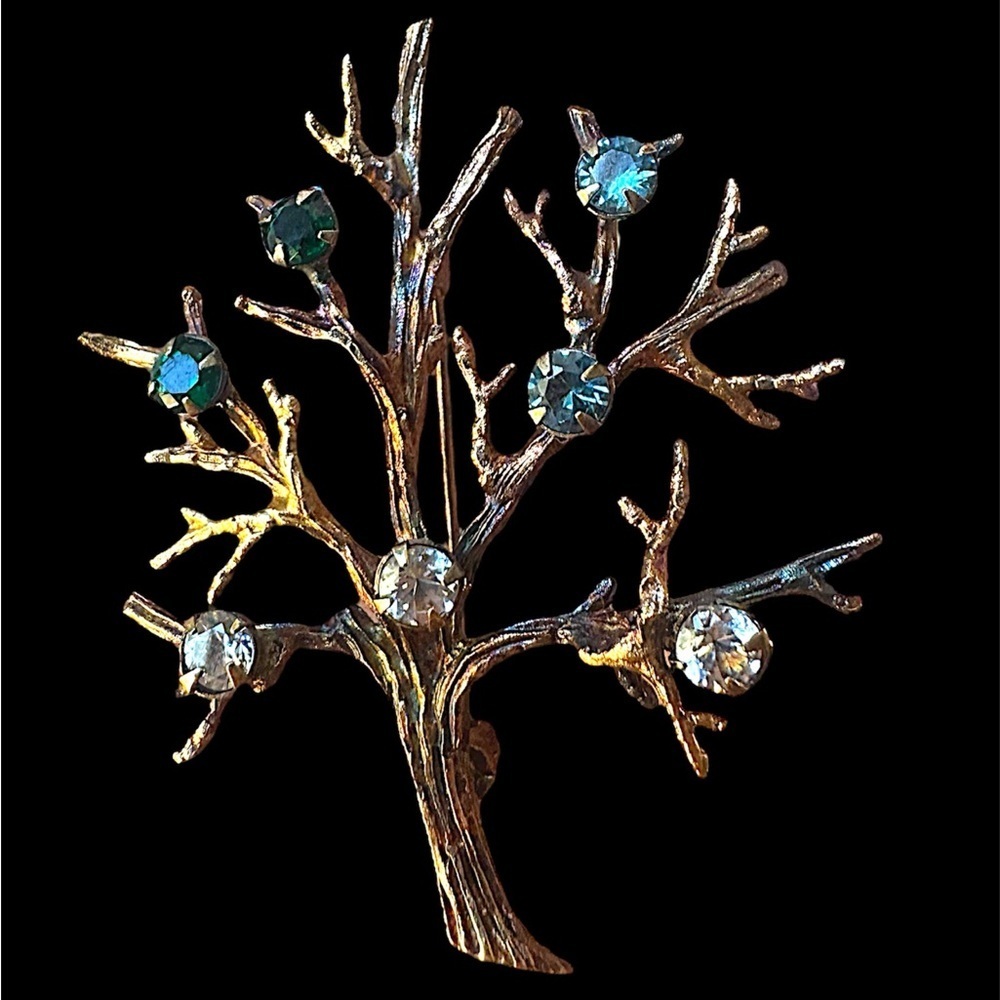 Vintage Sterling Silver Tree of Life Rhinestone Brooch